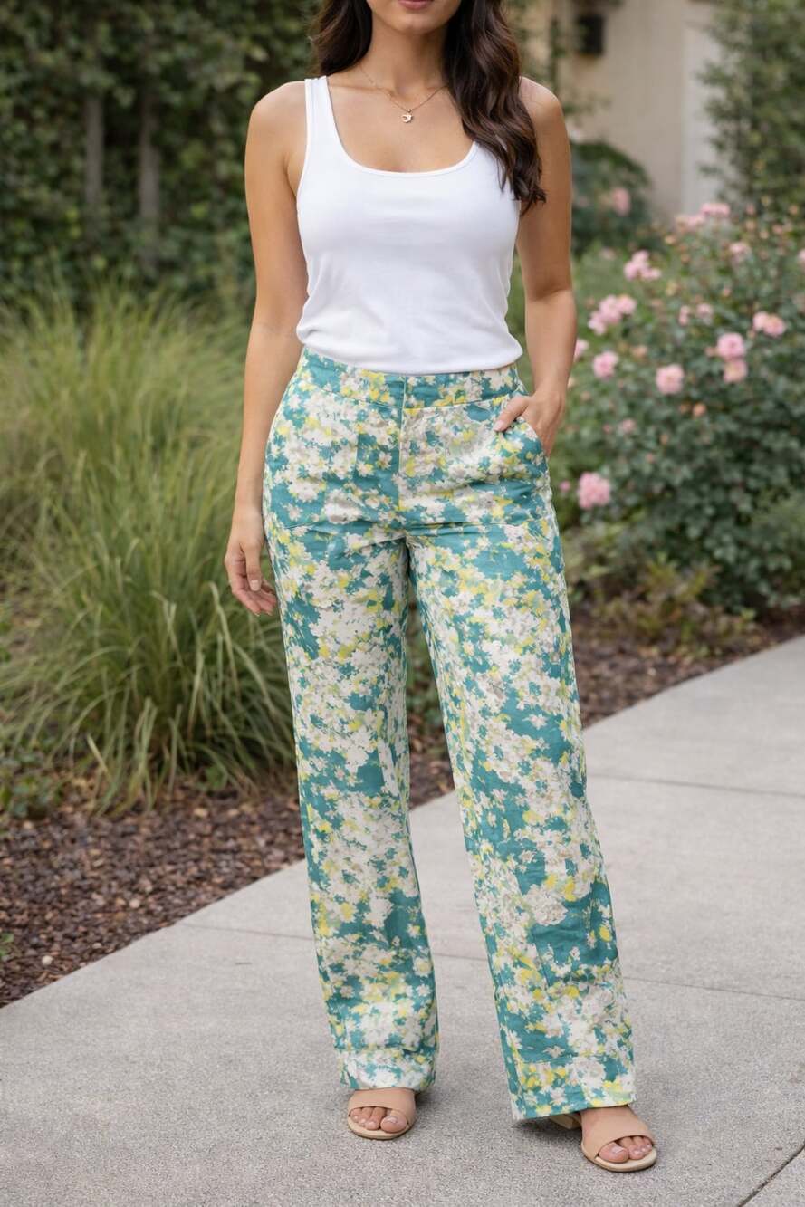 talbots heritage jacquard pants green & White floral pattern size 8